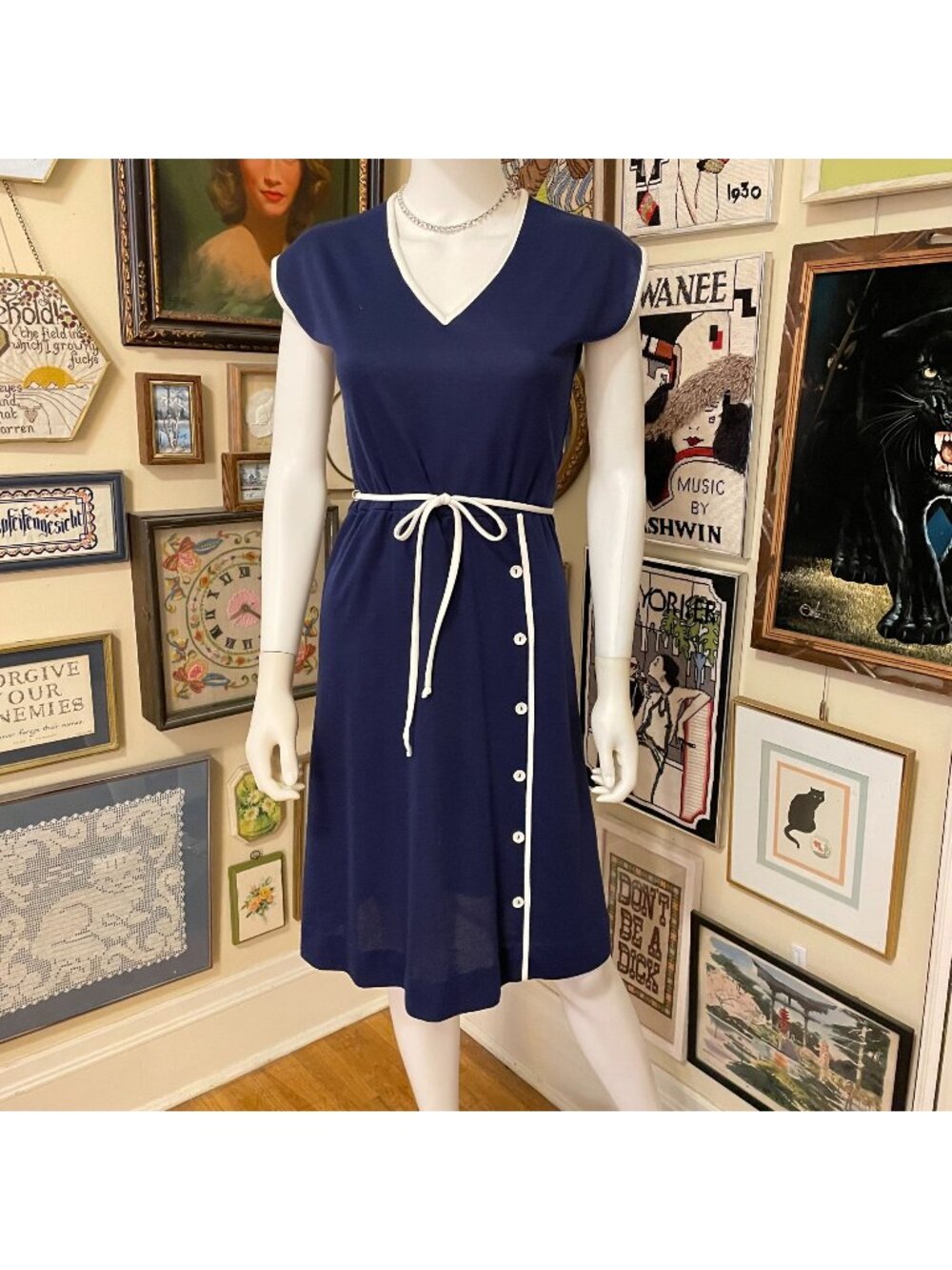80s Vintage Sears Navy Blue Jersey Cap Sleeve Dress With White Trim Size S